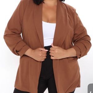 Brown blazer and high waist wide pant with belt.